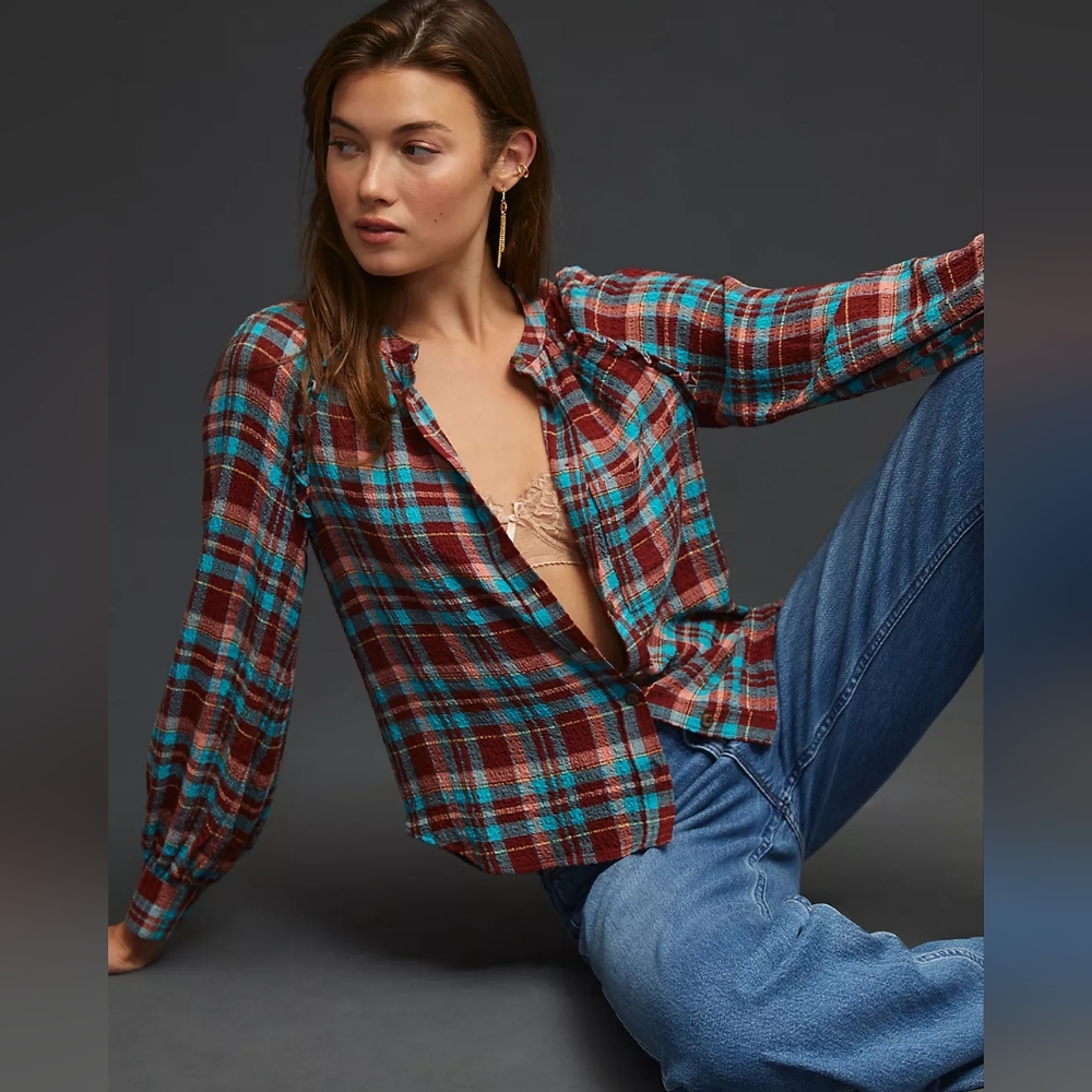 Pilcro Anthropologie Buttondown Plaid Ruffled Shirt In S
